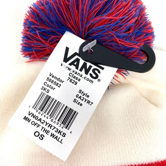 VANS Off The Wall Pom White Blue Red Unisex Beanie Knit Hat One Size VN0A2YR73KS - Picture 3 of 3